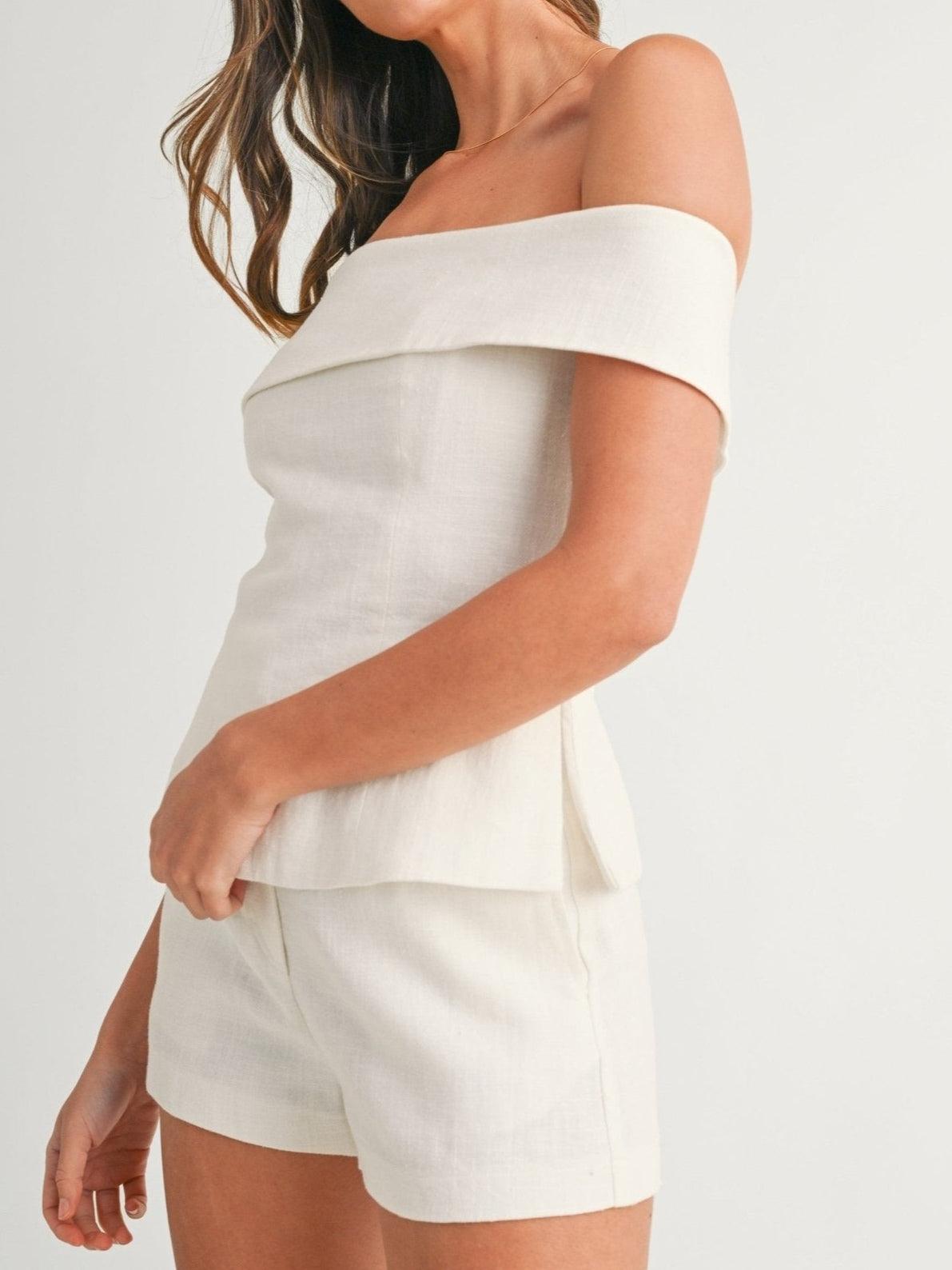 Elegantes zweiteiliges Anzug-Set aus weißer Baumwolle und Leinen für Damen