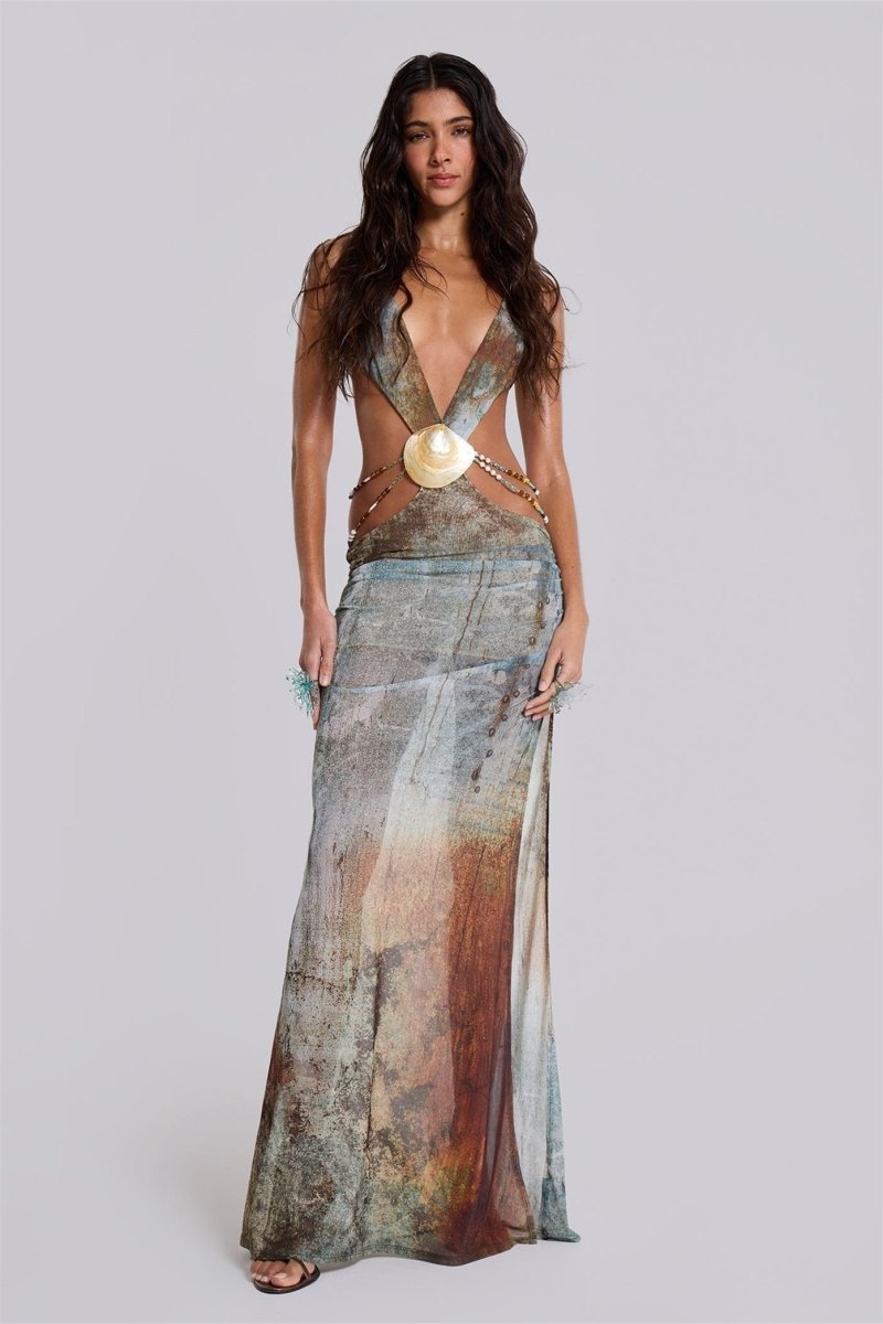 Eve Halterneck Shell Trim Maxi Mesh Kleid