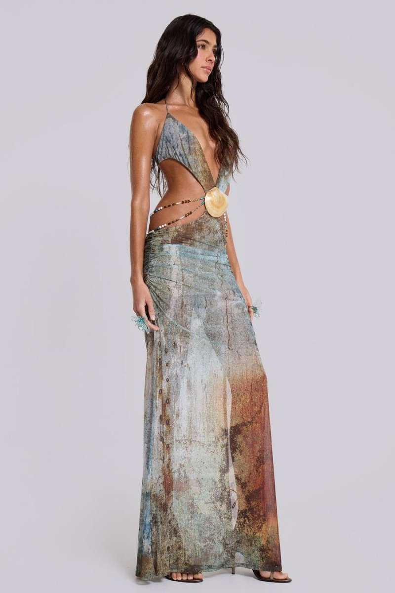 Eve Halterneck Shell Trim Maxi Mesh Kleid