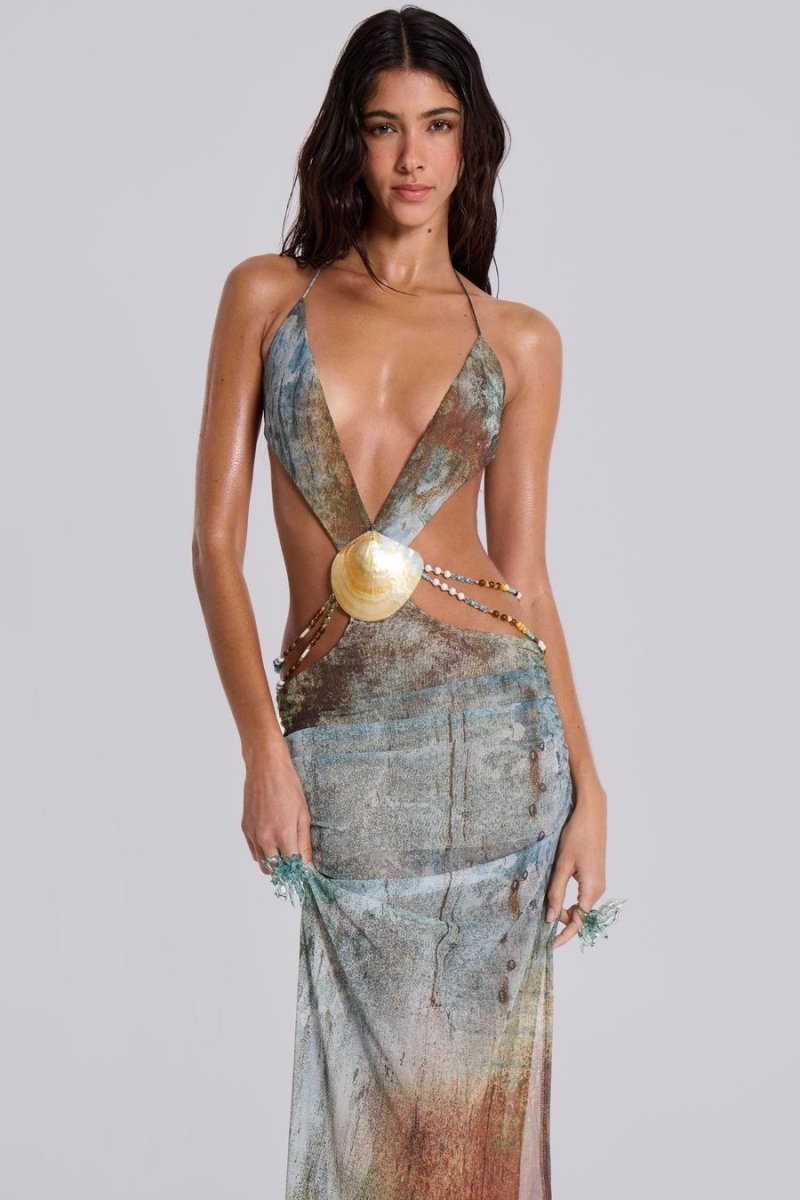 Eve Halterneck Shell Trim Maxi Mesh Kleid