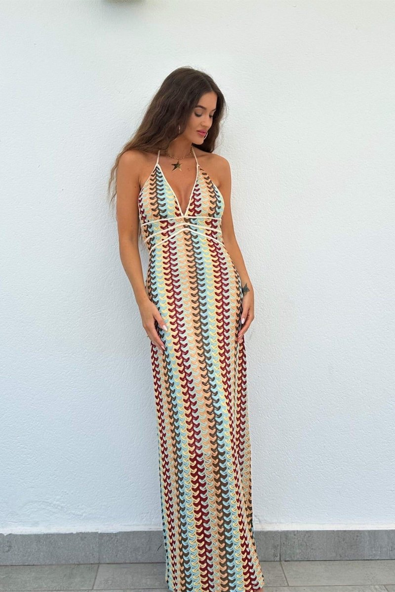 Halter V-Ausschnitt rückenfrei Boho Muster Strick Slim-Fit Urlaubs Maxikleider-Beige