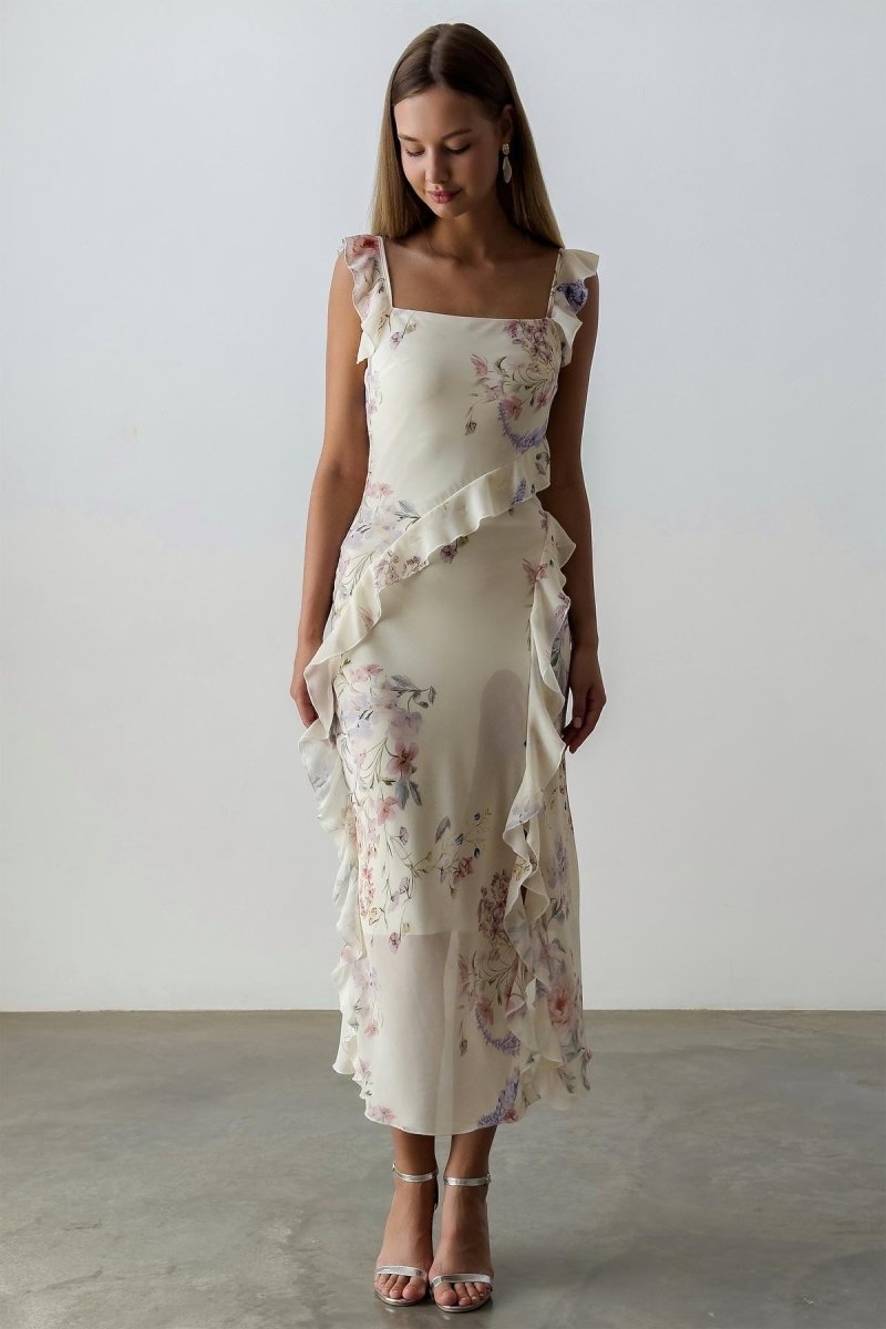 Naomi Blumendekoriertes Neckholder-Schlitz-Midikleid