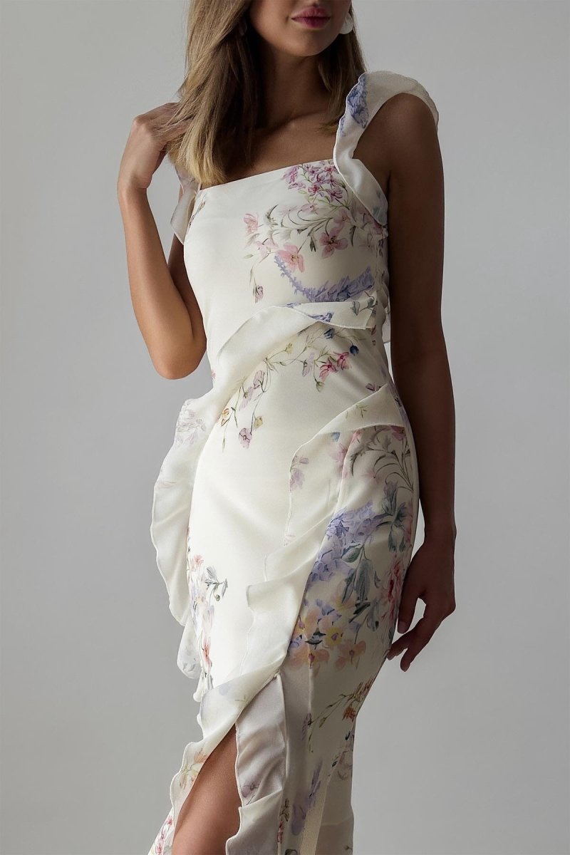 Naomi Blumendekoriertes Neckholder-Schlitz-Midikleid