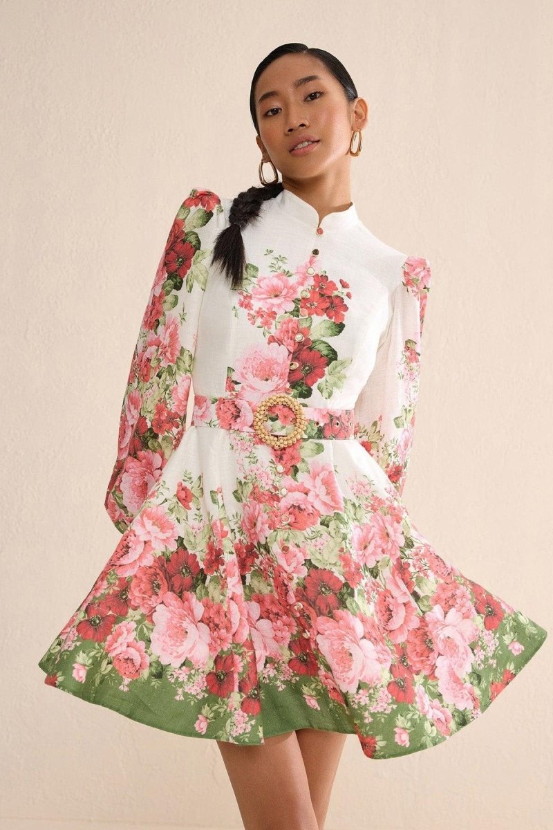 Renata Blumen Print Ballonärmel Minikleid