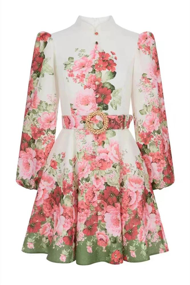 Renata Blumen Print Ballonärmel Minikleid