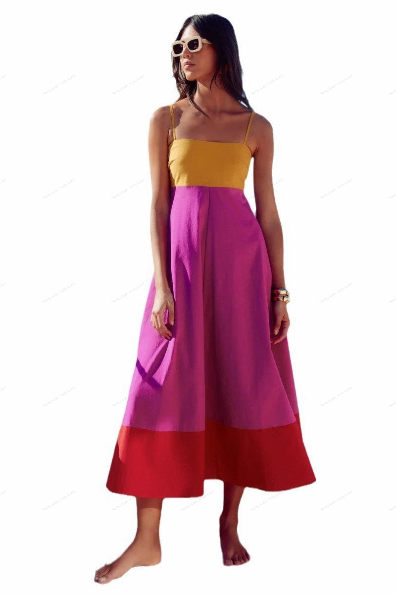 Urlaubs-Stil Farbblock-Kleid mit Spaghettiträgern