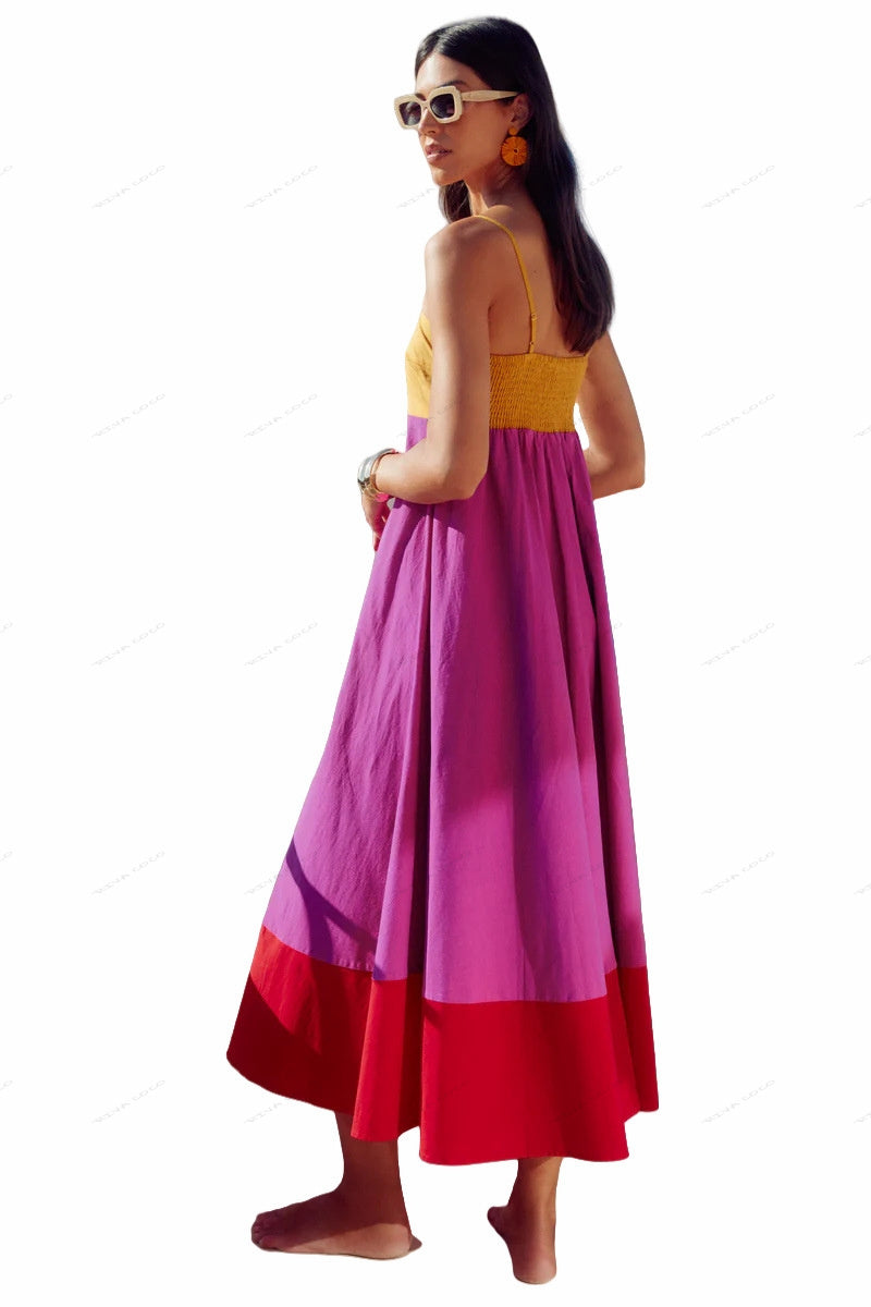 Urlaubs-Stil Farbblock-Kleid mit Spaghettiträgern