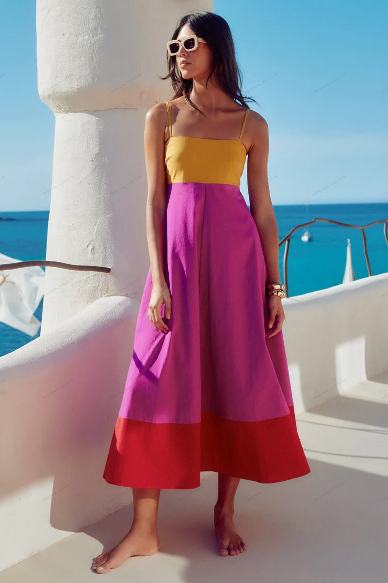 Urlaubs-Stil Farbblock-Kleid mit Spaghettiträgern