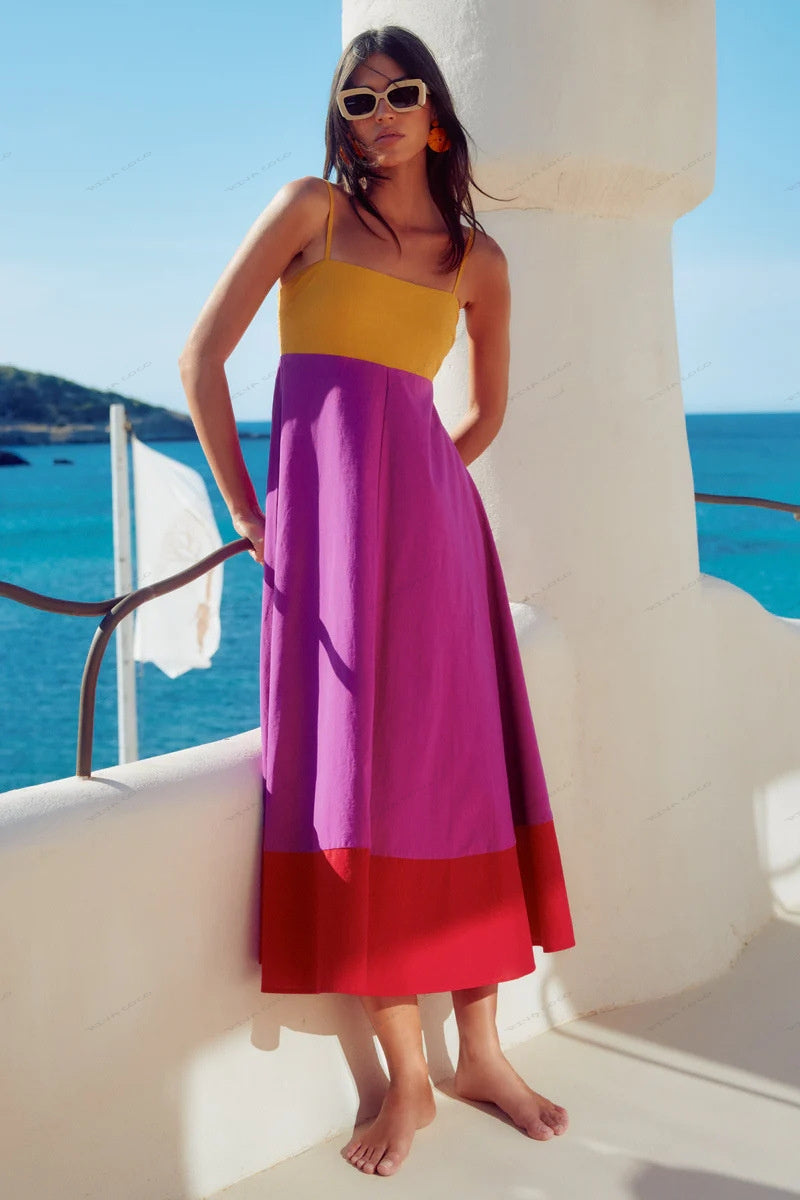 Urlaubs-Stil Farbblock-Kleid mit Spaghettiträgern
