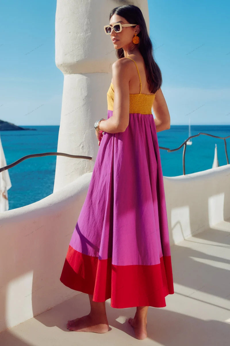 Urlaubs-Stil Farbblock-Kleid mit Spaghettiträgern